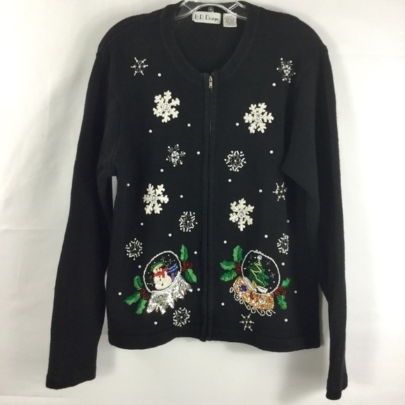 Vintage Sweaters - Vintage B.P. Design Beaded Snowy Christmas Snow Globe Zip Front Cardigan Size L